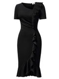 AISIZE Women's Vintage V-Neck Ruffle Slit Bodycon Dress Black Size L