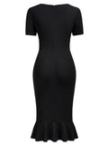 AISIZE Women's Vintage V-Neck Ruffle Slit Bodycon Dress Black Size L