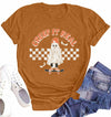 HQP Halloween Ghost Women's Brown Graphic Fall T-Shirt Top Spooky Skateboard