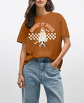 HQP Halloween Ghost Women's Brown Graphic Fall T-Shirt Top Spooky Skateboard