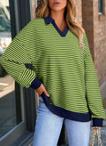AlvaQ Womens Blue Colorblock Striped Sweatshirt V-Neck Lapel Size M
