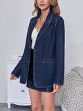 Fisoew Womens Denim Blazer Jacket Long Sleeve Blue Single Breasted - Medium