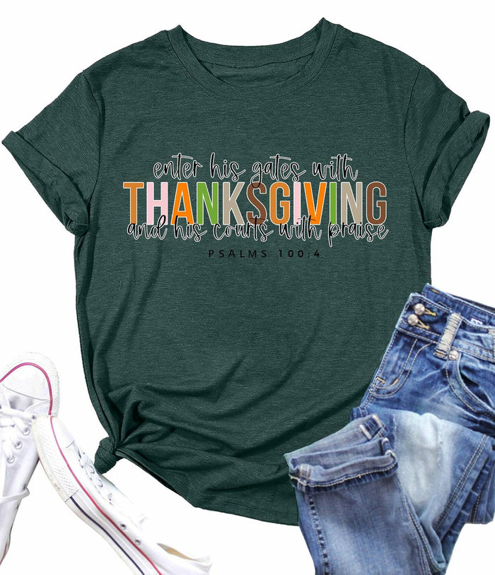 ELDPS Thanksgiving Shirt Women Casual Fall Top Thankful Tee Single Unit - Size L