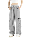 GOLYOY Women's Cargo Pants Grey Adjustable High Waist Baggy Wide Leg Size L