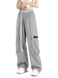 GOLYOY Women's Cargo Pants Grey Adjustable High Waist Baggy Wide Leg Size L