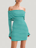Wenrine Womens Off Shoulder Knit Mini Dress Blue Bodycon Long Sleeve Size S