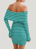 Wenrine Womens Off Shoulder Knit Mini Dress Blue Bodycon Long Sleeve Size S
