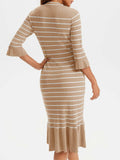 Wenrine Womens Khaki Striped V Neck Sweater Dress Midi Knit Size S