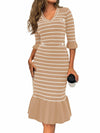 Wenrine Womens Khaki Striped V Neck Sweater Dress Midi Knit Size S