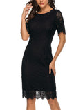 MEROKEETY Women's Short Sleeve Lace Floral Cocktail Dress Crew Neck Size S