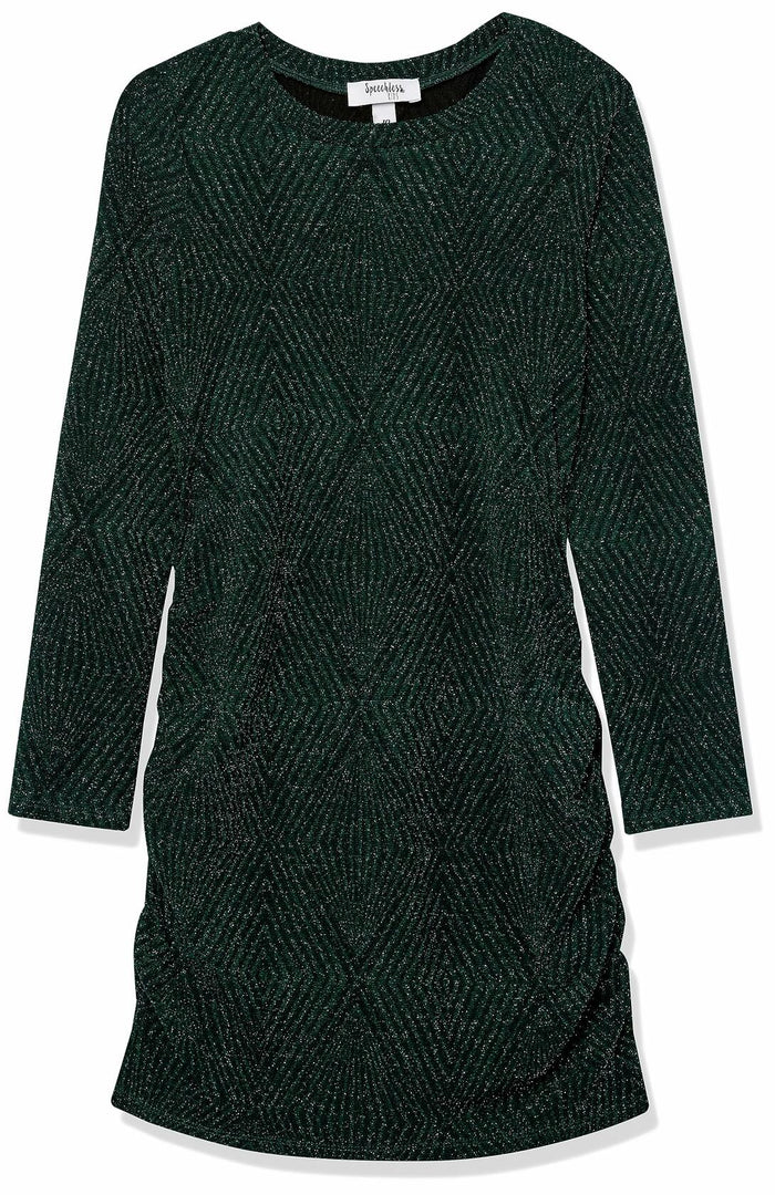 Speechless Girls' Long Sleeve Glitter Knit Ruched Party Dress, Hunter, 7