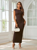 XinFSh Women Plus Size Formal Maxi Dress Cap Sleeve Crew Neck Brown - Size L