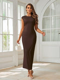 XinFSh Women Plus Size Formal Maxi Dress Cap Sleeve Crew Neck Brown - Size L