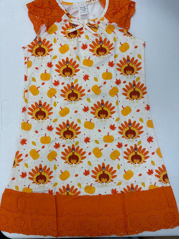 Thanksgiving Girls Nightgown Orange Turkey Print Sleepwear Size 7-8