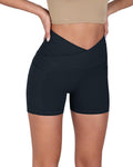 ODODOS Gathered Cross Waist Yoga Shorts with Pockets Navy Size XS