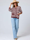 ANRABESS Women's Tweed Knit Cardigan White Red Stripe Size Small