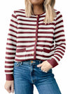 ANRABESS Women's Tweed Knit Cardigan White Red Stripe Size Small