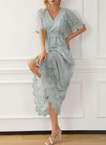 Happy Sailed Womens Gray Floral Lace Maxi Dress V Neck Button Down Size M