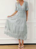 Happy Sailed Womens Gray Floral Lace Maxi Dress V Neck Button Down Size M