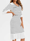 Wenrine Womens White Striped Sweater Dress V Neck Midi Knit Size M
