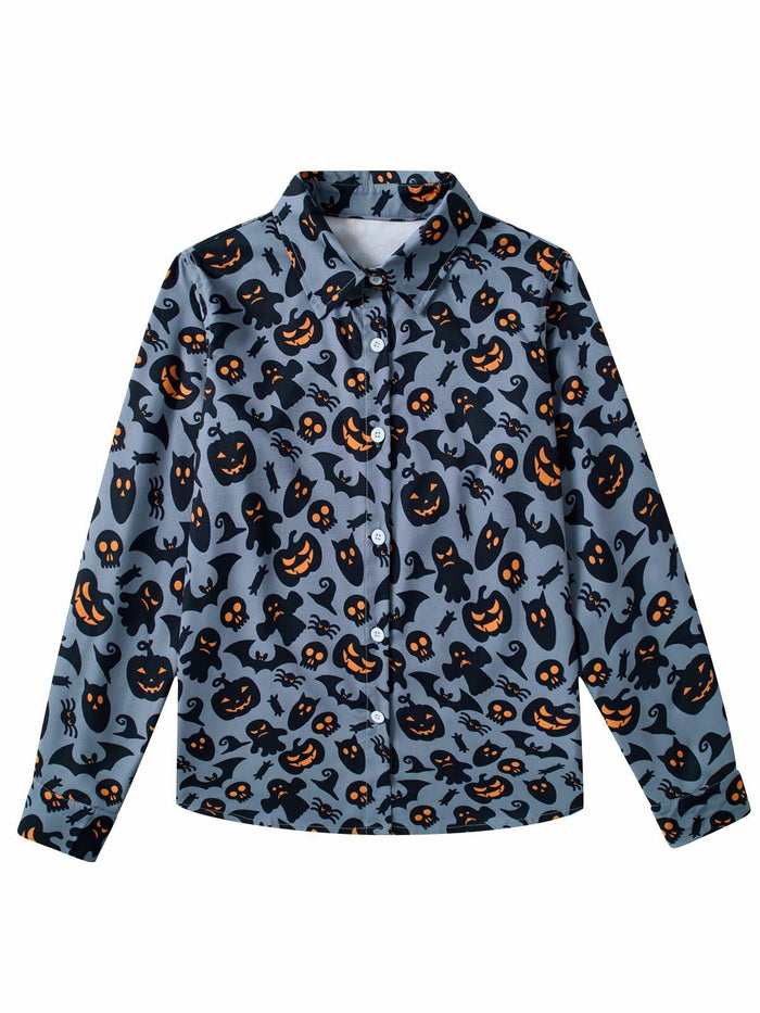 Boys Halloween Ghost Pumpkin Long Sleeve Button-Up Shirt Size 7-8
