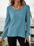 Samefar Womens Ribbed Long Sleeve Round Neck Top Blue Size Small