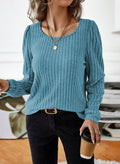 Samefar Womens Ribbed Long Sleeve Round Neck Top Blue Size Small