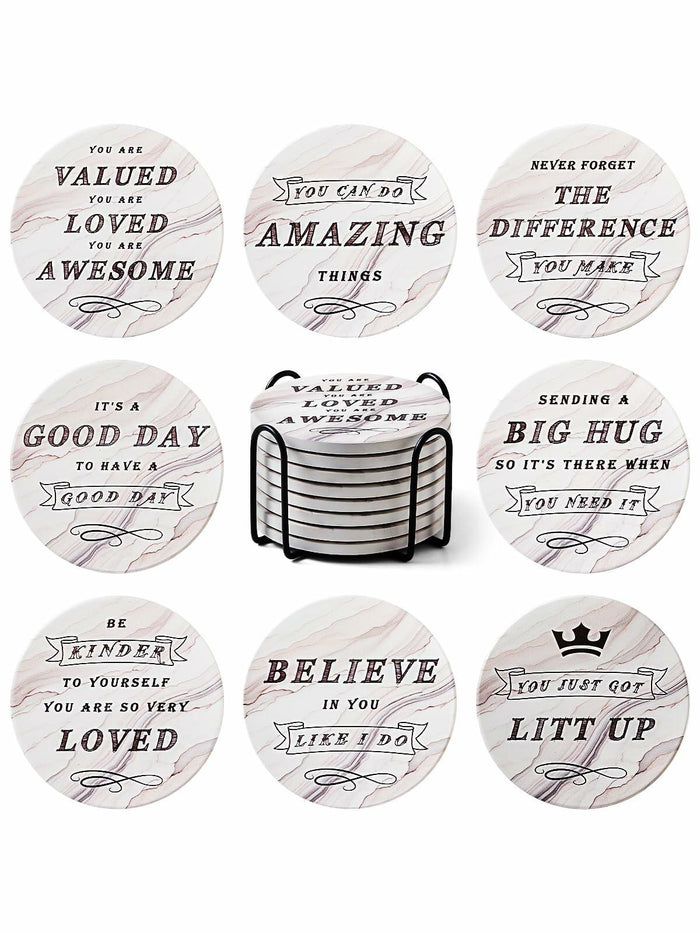 White Elephant Marble Ceramic Drink Coasters Set of 8 with Holder