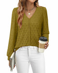 Timeson Women's Lace Knit V Neck Long Sleeve Shirt Green Size XL
