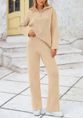 PRETTYGARDEN Womens Winter 2 Piece Sweater Set Quarter Zip Pants Beige Size XXL