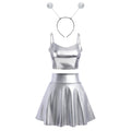 Alien Costume Women Metallic Crop Top Skirt Headband Silver Size 2XL