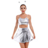 Alien Costume Women Metallic Crop Top Skirt Headband Silver Size 2XL