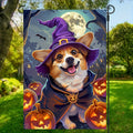 Happy Halloween Garden Flag Witch Hat Corgi Polyester 12x18 Inch Double Sided