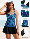 Kate Kasin Women's Tummy Control Tankini Swim Dress Blue Leaf Size S