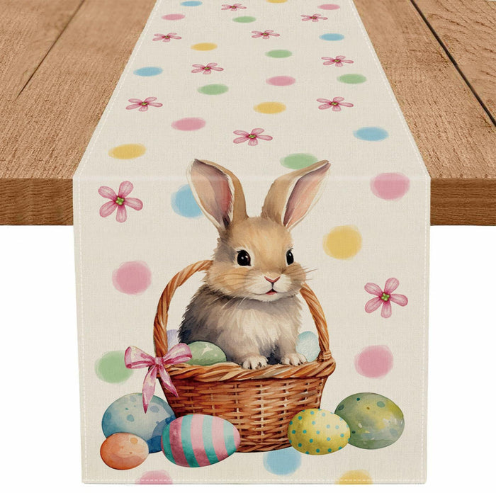 QIONG MENG Easter Table Runner Bunny Eggs Basket Flowers 13x72 Inch