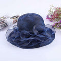 Women Organza Derby Sun Hat Kentucky Fascinator Flower Bridal Straw Navy
