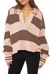 Women's Pullover Sweater Lapel Collar V Neck Cable Knit Wood Brown Size XL