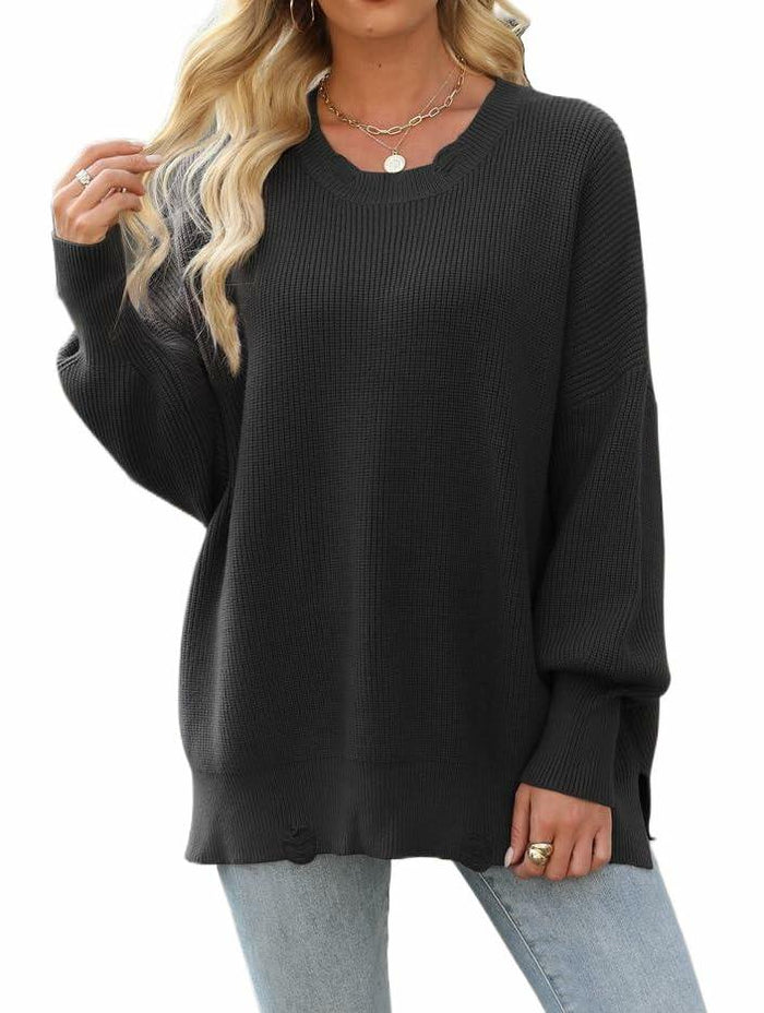 Women’s 2024 Fall Oversized Ripped Knit Sweater White Pullover Top Size M
