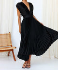 kiobrvhe Satin V Neck Pleated Midi Dress Sleeveless Black Size S