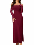 Colysmo Women Off Shoulder Mesh Bodycon Maxi Dress Burgundy Size XL
