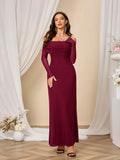 Colysmo Women Off Shoulder Mesh Bodycon Maxi Dress Burgundy Size XL