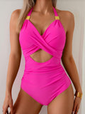 Women's Halter One Piece Swimsuit Cutout Tummy Control V Neck Hot Pink Size M