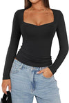 PINKMSTYLE Women's Double Lined V Neck Long Sleeve Shirt Black Size S