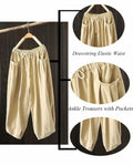Minibee Womens Wide Leg Capri Pants Drawstring Waist Pockets Beige Size L