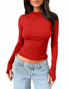 cailami Women's Long Sleeve Mock Neck Ribbed Slim Fit Top Red Size S