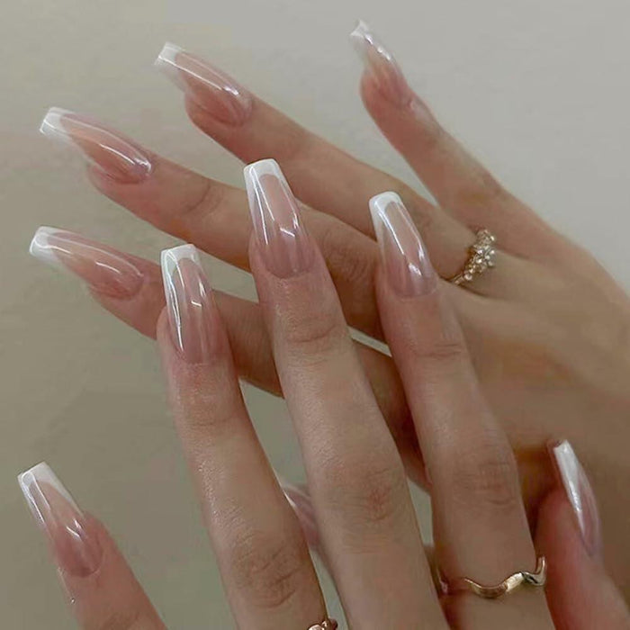 French Tip Press On Nails Short Square Pink Nude Glossy 24Pcs