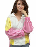 Buxitt Colorblock Oversized V-Neck Sweatshirt Women Patchwork Pullover XL