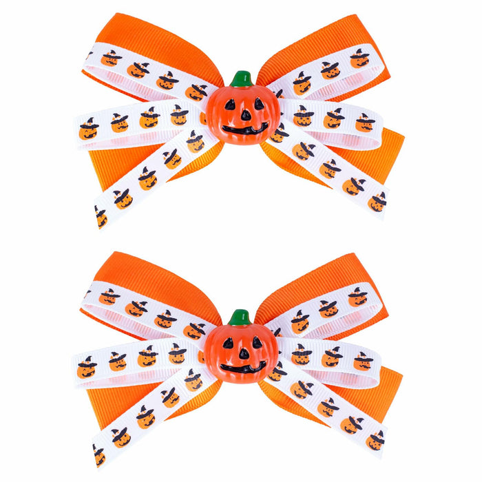 Halloween Pumpkin Hair Bows Clips Orange Dual-Layered Grosgrain Ribbon