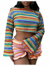 RoseSeek Women's Striped Crop Top Long Sleeve Knit Tee Multicolor Size S