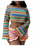 RoseSeek Women's Striped Crop Top Long Sleeve Knit Tee Multicolor Size S